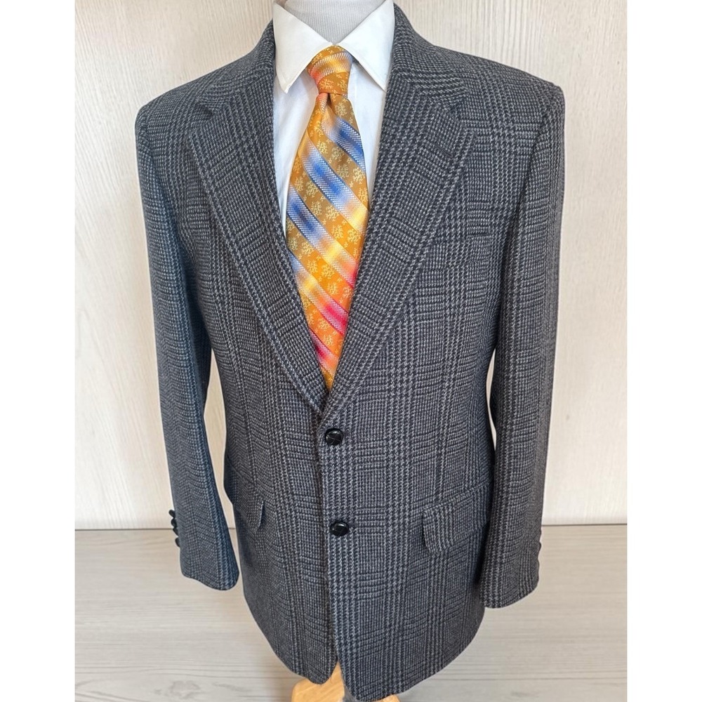 Savile Row Jacket Sz 40R Blue Houndstooth Plaid Wool Flannel Blazer Sport Coat
